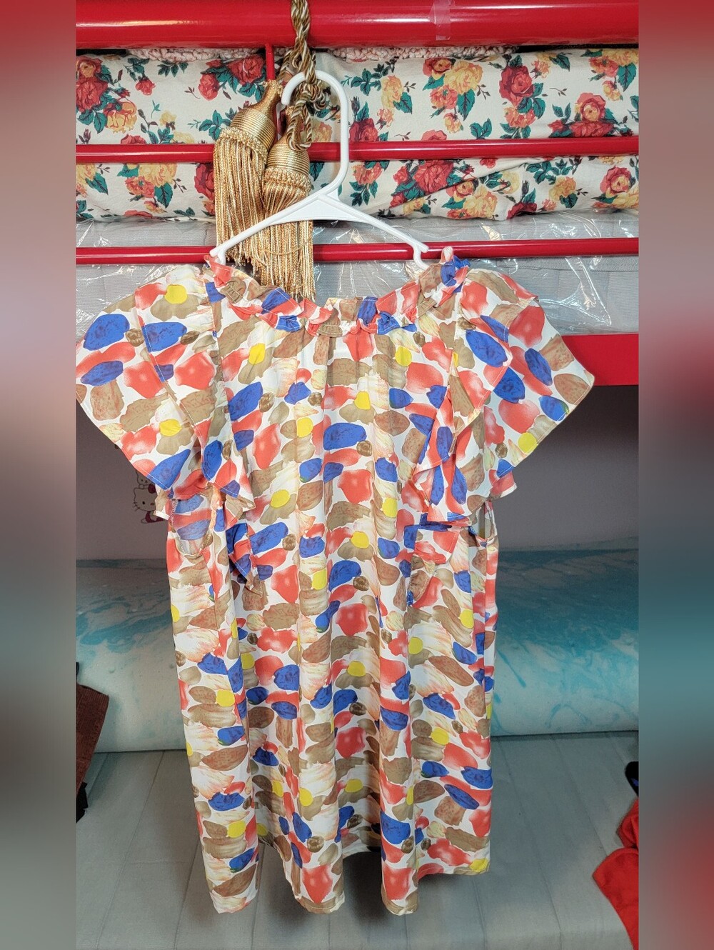 entro Multicolor Abstract Floral Ruffle Neck Blouse Size Small